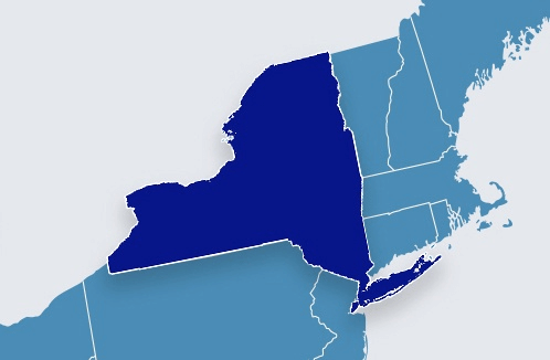 A map highlighting the state of New York in dark blue. It is surrounded by lighter blue areas representing neighboring states in the northeastern United States.