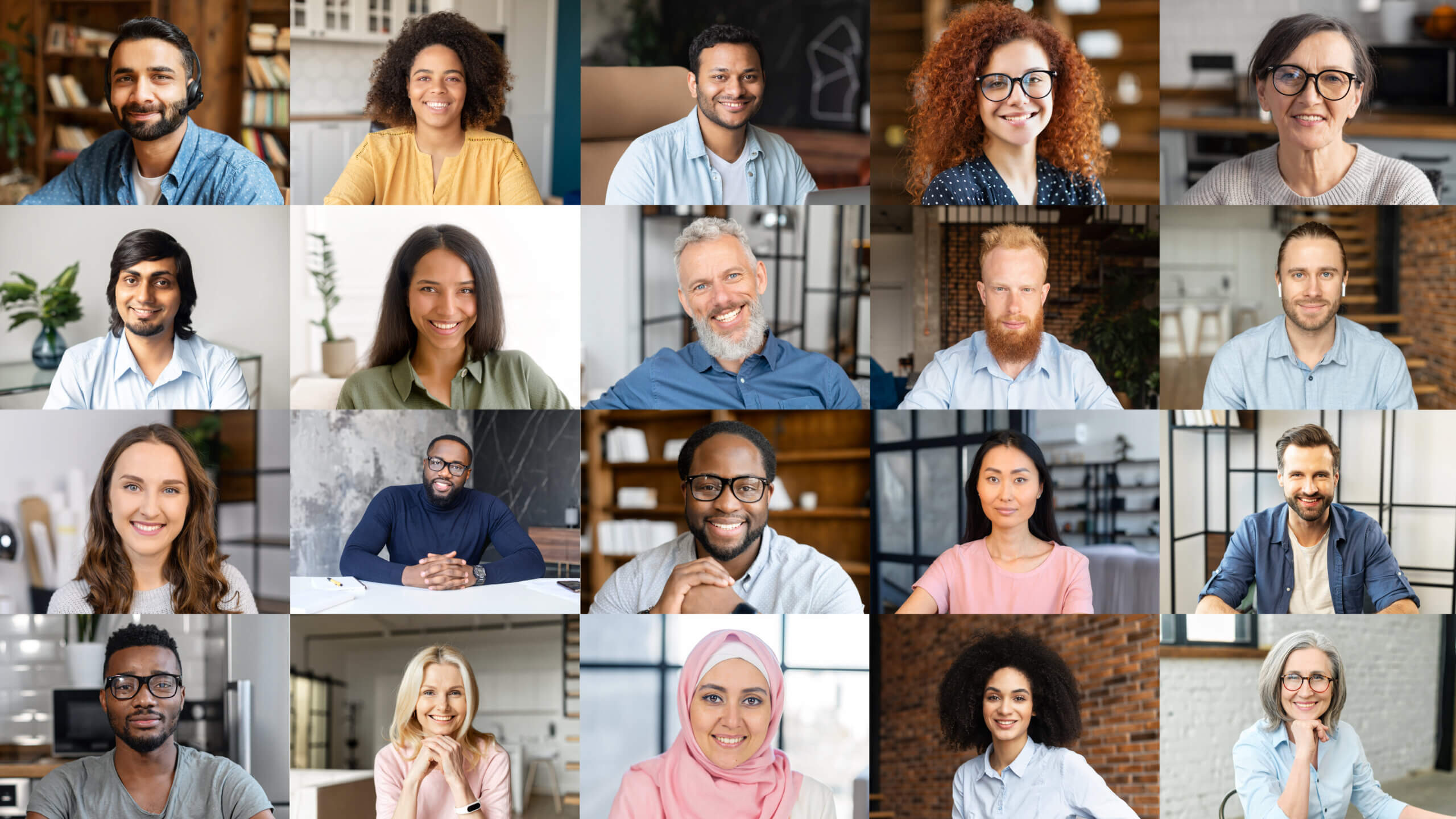 A grid of 20 diverse people, each smiling and looking at the camera. The individuals vary in age, gender, and ethnicity. They are set against different backgrounds, suggesting a virtual meeting or collage of portraits.