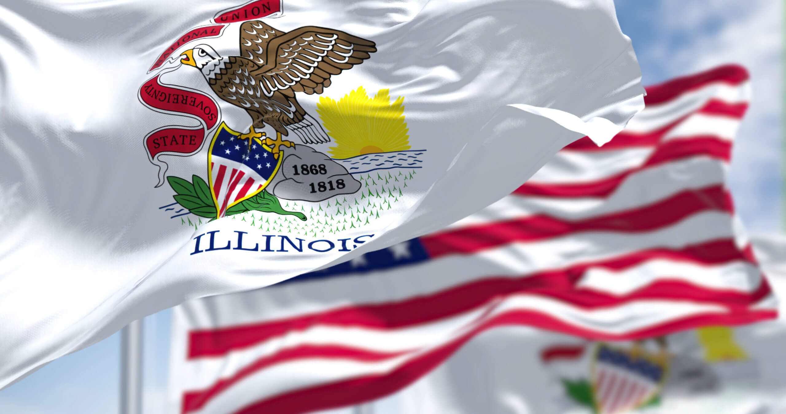 The image shows the Illinois state flag waving in the wind. The flag features an eagle holding a shield and ribbon, with the word "Illinois" below. Several similar flags are in the blurred background against a blue sky.