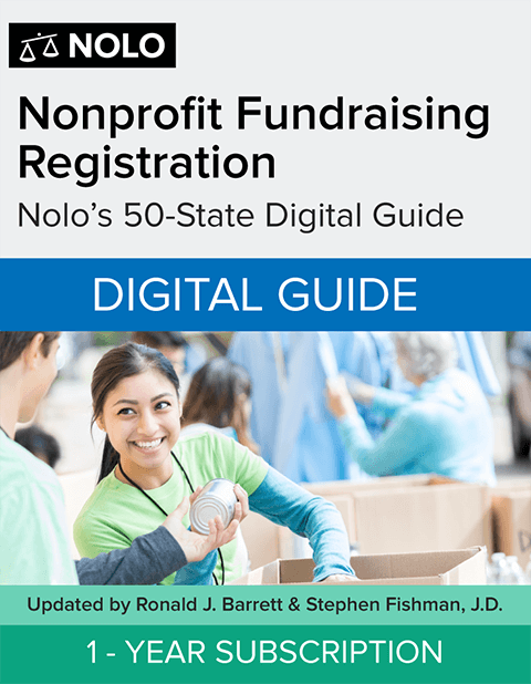 Cover of "Nonprofit Fundraising Registration: Nolo’s 50-State Digital Guide." Features volunteers, a young woman holding cans, with text about the updated guide by Ronald J. Barrett & Stephen Fishman. A 1-year subscription is highlighted.