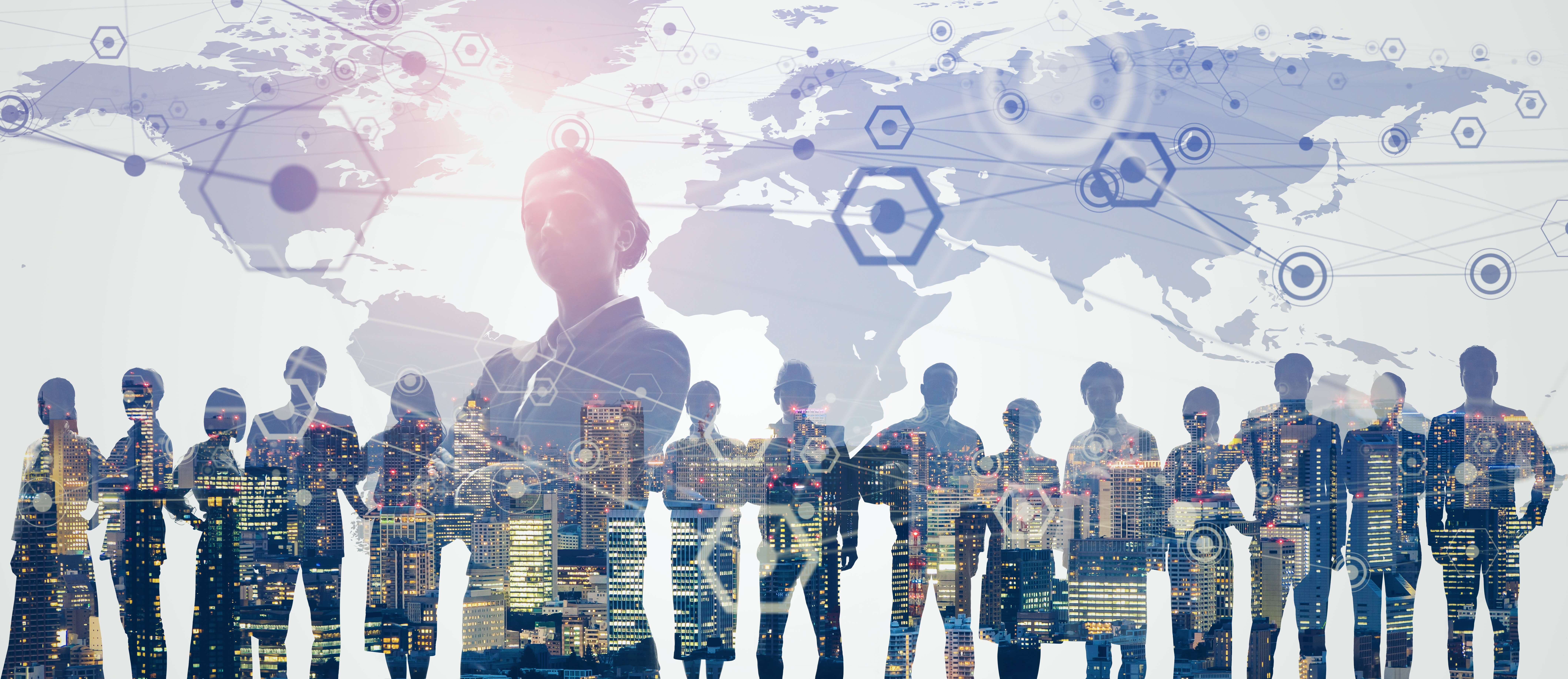 Silhouettes of diverse businesspeople in a row, overlaid with a cityscape and a world map. Digital network symbols connect various points, suggesting global connectivity and teamwork.