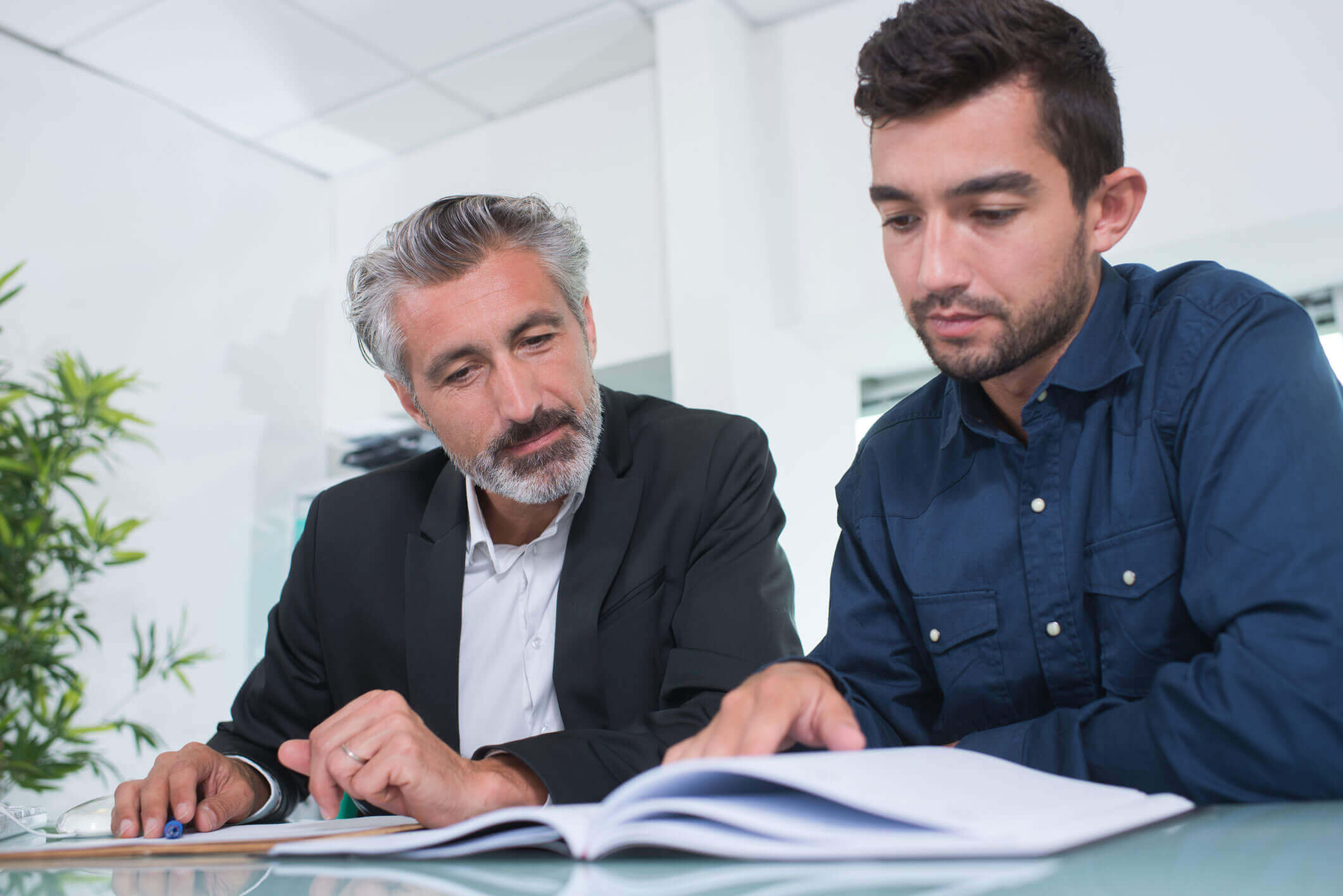 Two men are seated at a table in an office setting, looking at a corporate book and seal together. The man on the left, with graying hair and a beard, wears a dark suit, while the man on the right, younger with dark hair, wears a blue button-up shirt. They appear focused and engaged.