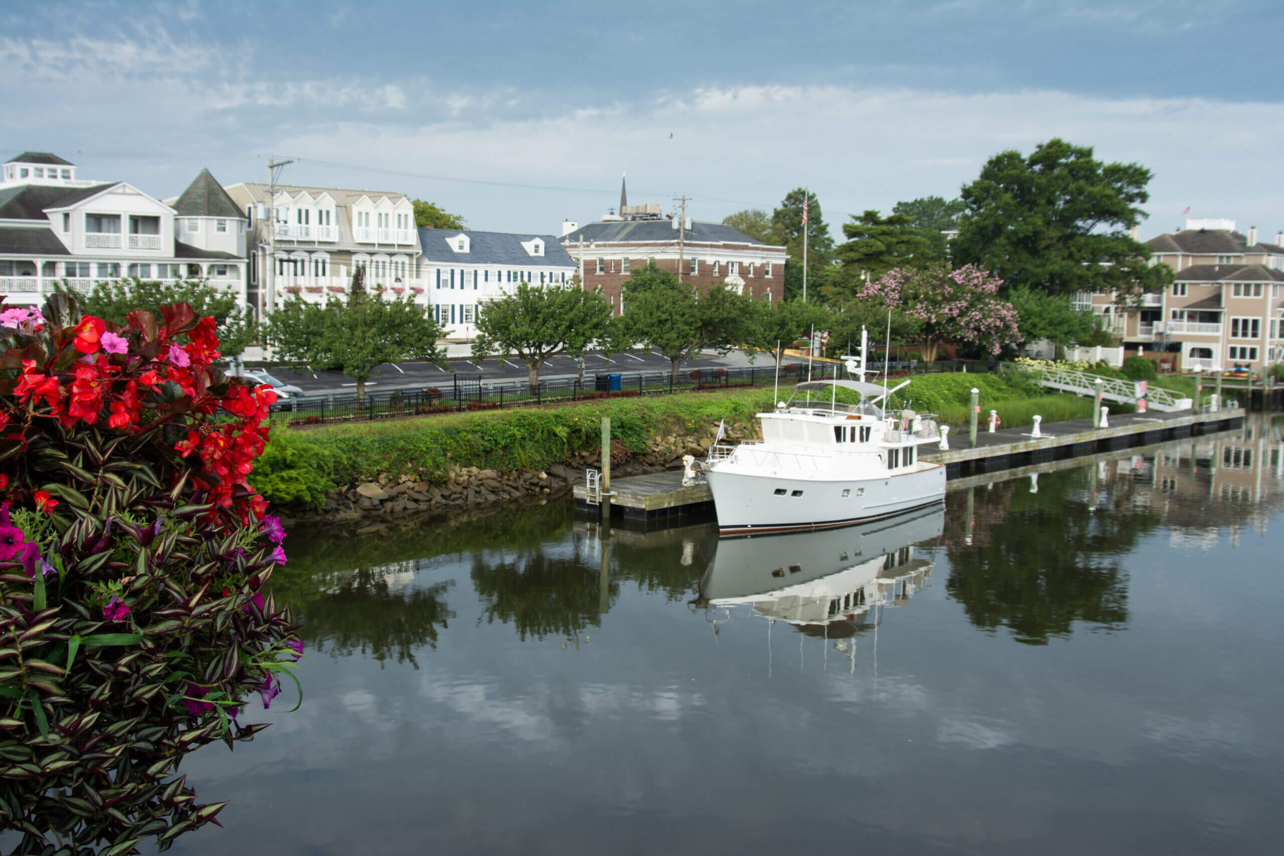 A white boat is moored on a calm river, reflecting the cloudy sky. In the foreground, vibrant red and purple flowers hang over the water. Across the river, there are white and brown buildings with lush green trees lining the street.