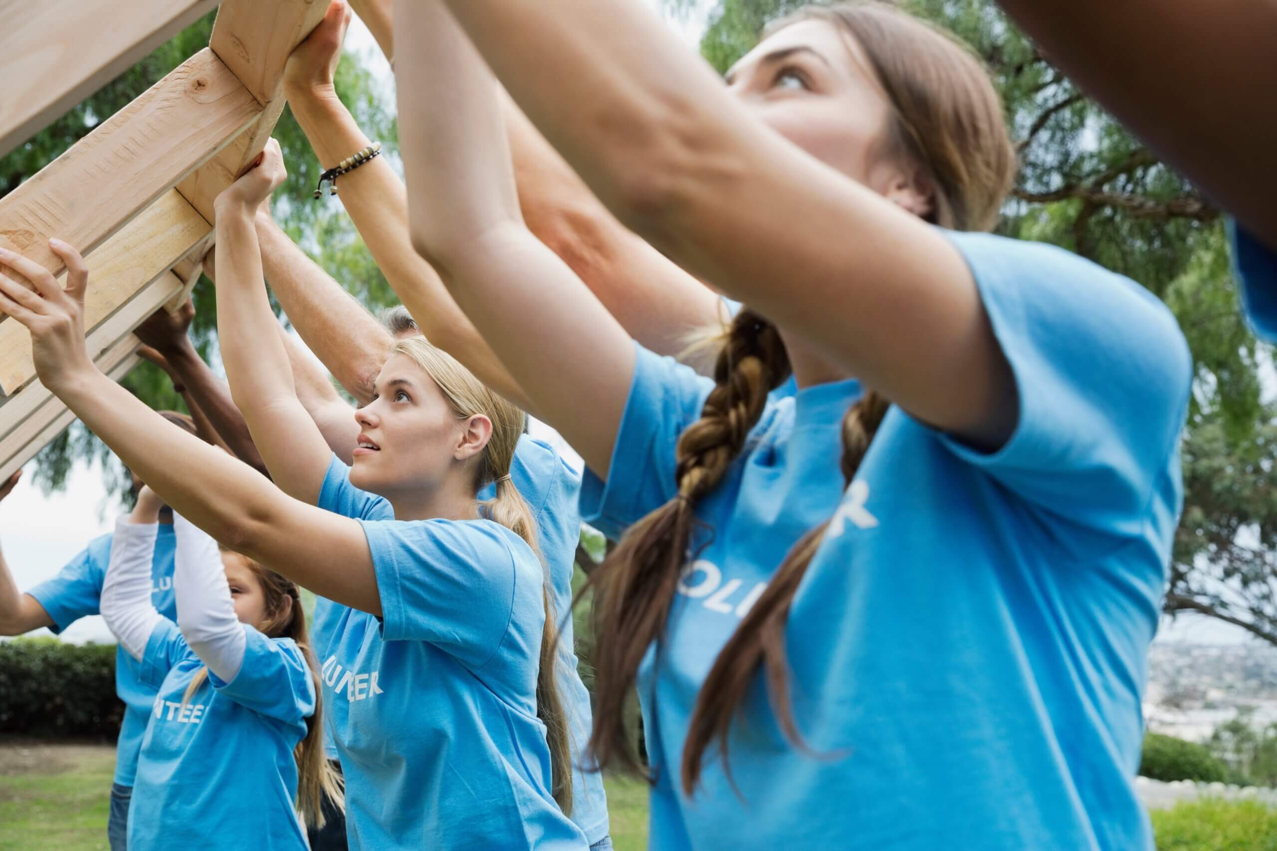 A group of people wearing blue shirts labeled "volunteer" work together to lift wooden beams outdoors. They appear focused and engaged in a team-building activity or construction project in a park-like setting.