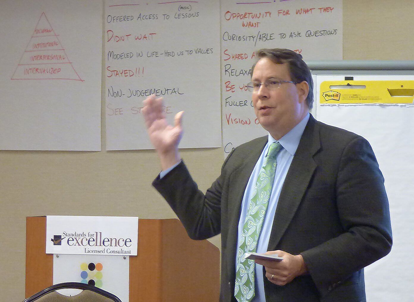 A man in a suit and green tie speaks while holding a card. Behind him are large sheets of paper with handwritten notes and a diagram on an easel. A sign reads "Standards for Excellence Licensed Consultant.