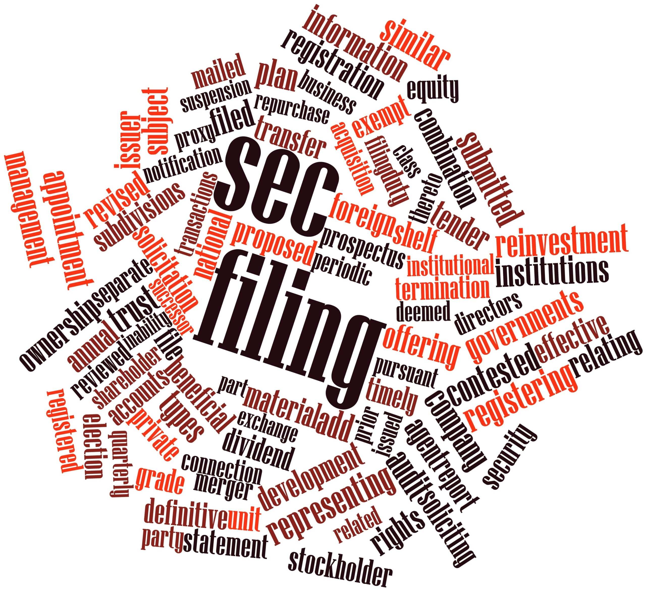 Word cloud with terms related to financial and legal topics. Prominent words include "SEC," "filing," "material," "reinvestment," "offering," "issuer," and "institution." The words are arranged in various sizes and orientations.