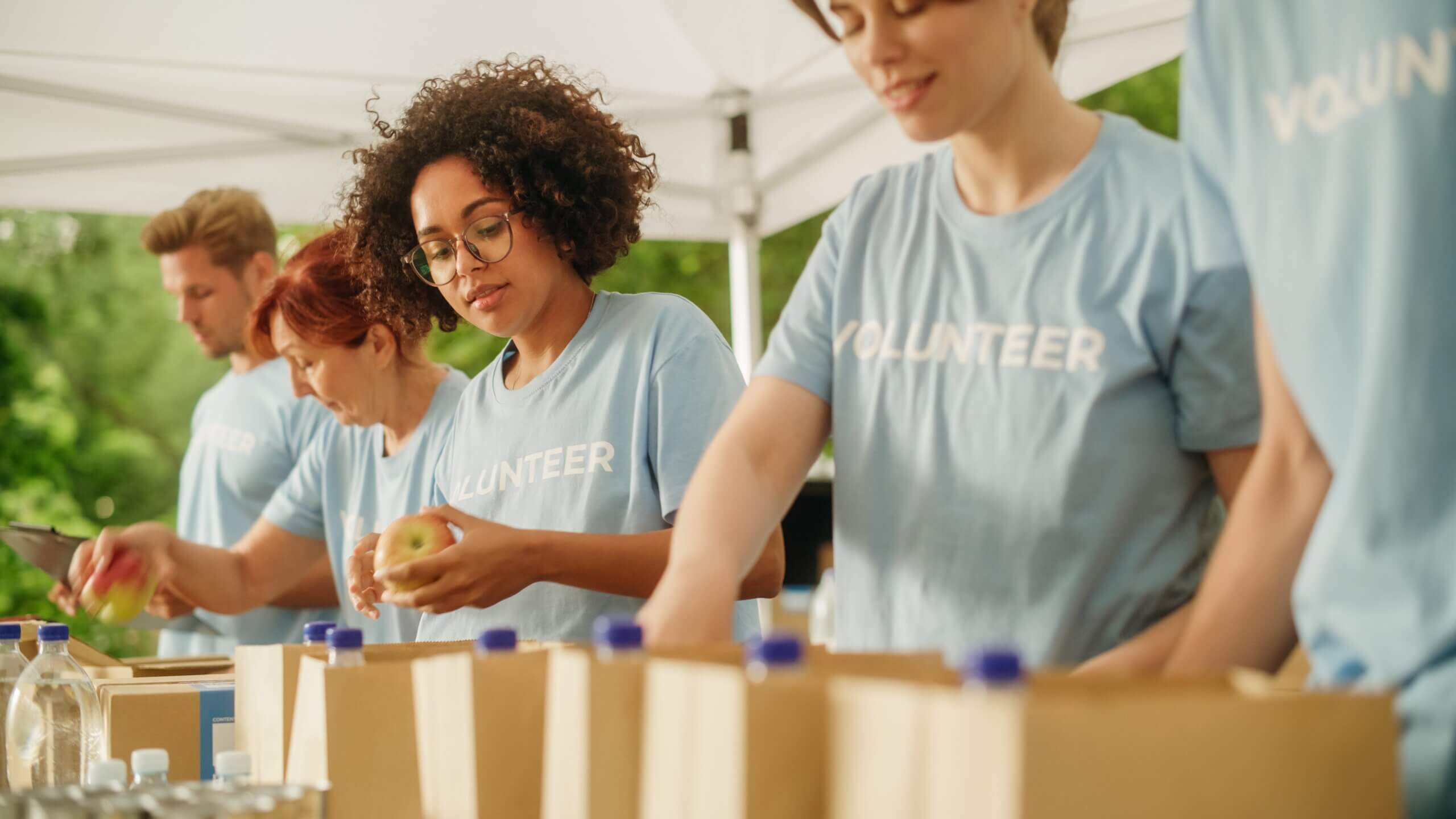 Volunteers wearing blue shirts work together at an outdoor event, packing items into boxes. They appear focused and engaged, with one holding an apple. A blurred background of trees suggests a park or garden setting.