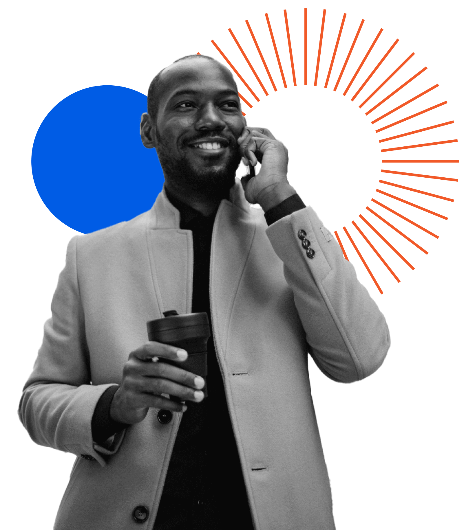 A man in a coat smiles while talking on his phone and holding a coffee cup. The background features a blue circle and orange radial lines, adding a modern and stylish touch.
