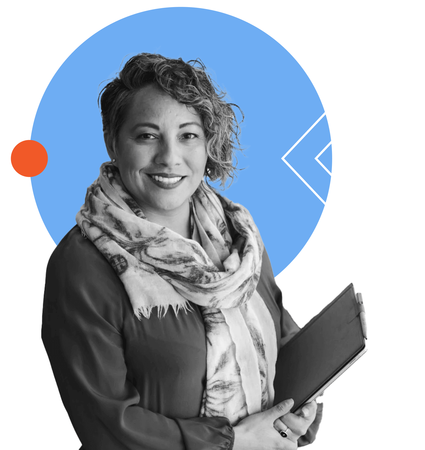 A person with short, curly hair wearing a scarf and holding a tablet smiles at the camera. The background features a blue circle with a small orange dot and white geometric lines.