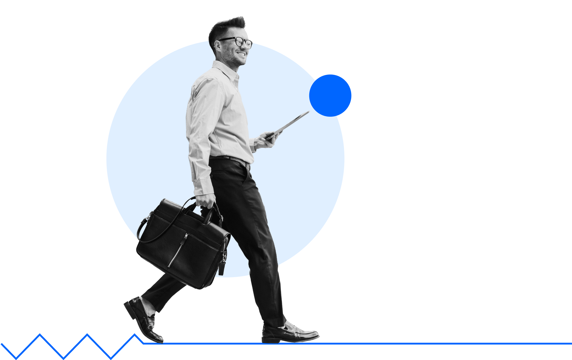 A man in business attire walks confidently while holding a tablet and carrying a briefcase. He is set against a light blue circle and a black background, with a small blue dot and a blue line at the bottom.