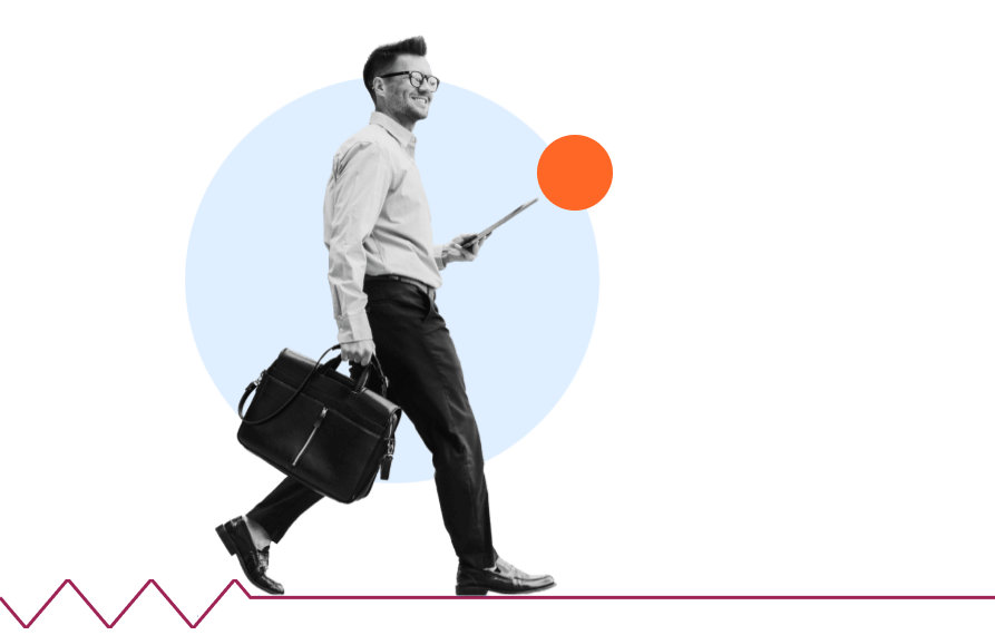 A person in business attire walks confidently, holding a document and carrying a briefcase. A large light blue circle and small orange circle are in the background, with a zigzag line at the bottom.