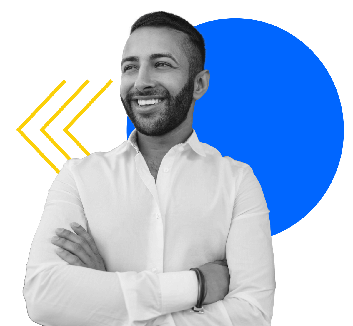 A man with a beard smiles while crossing his arms. He is wearing a white shirt, and the background features a large blue circle and two yellow arrow shapes pointing left. The image is in a black and white style with color accents.