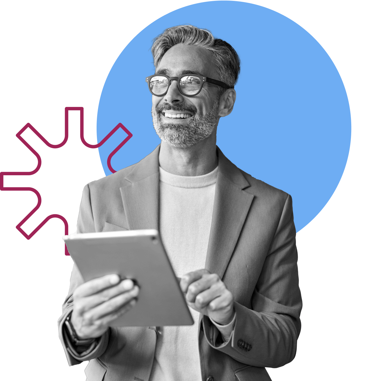 A smiling man in a suit jacket and glasses holds a tablet. The background features a blue circle and pink abstract shape. Black and white filter with colored elements.