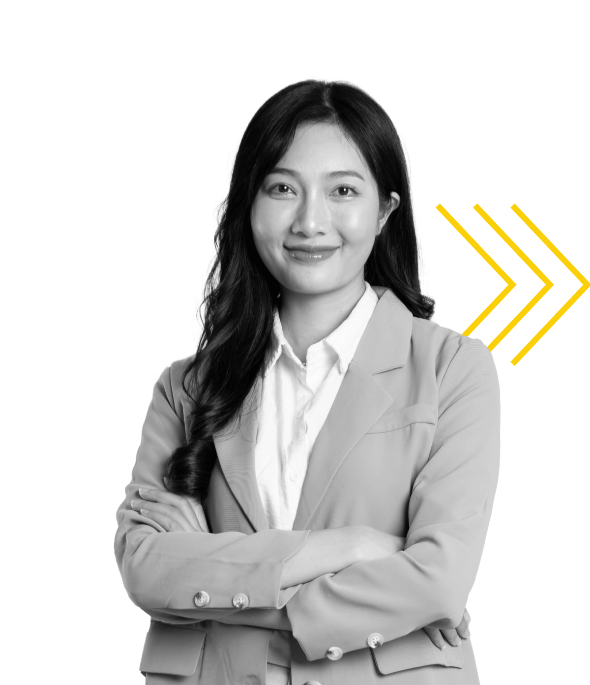 A woman in professional attire stands with arms crossed, smiling confidently. The image is in black and white with a white circle and yellow arrows in the background.