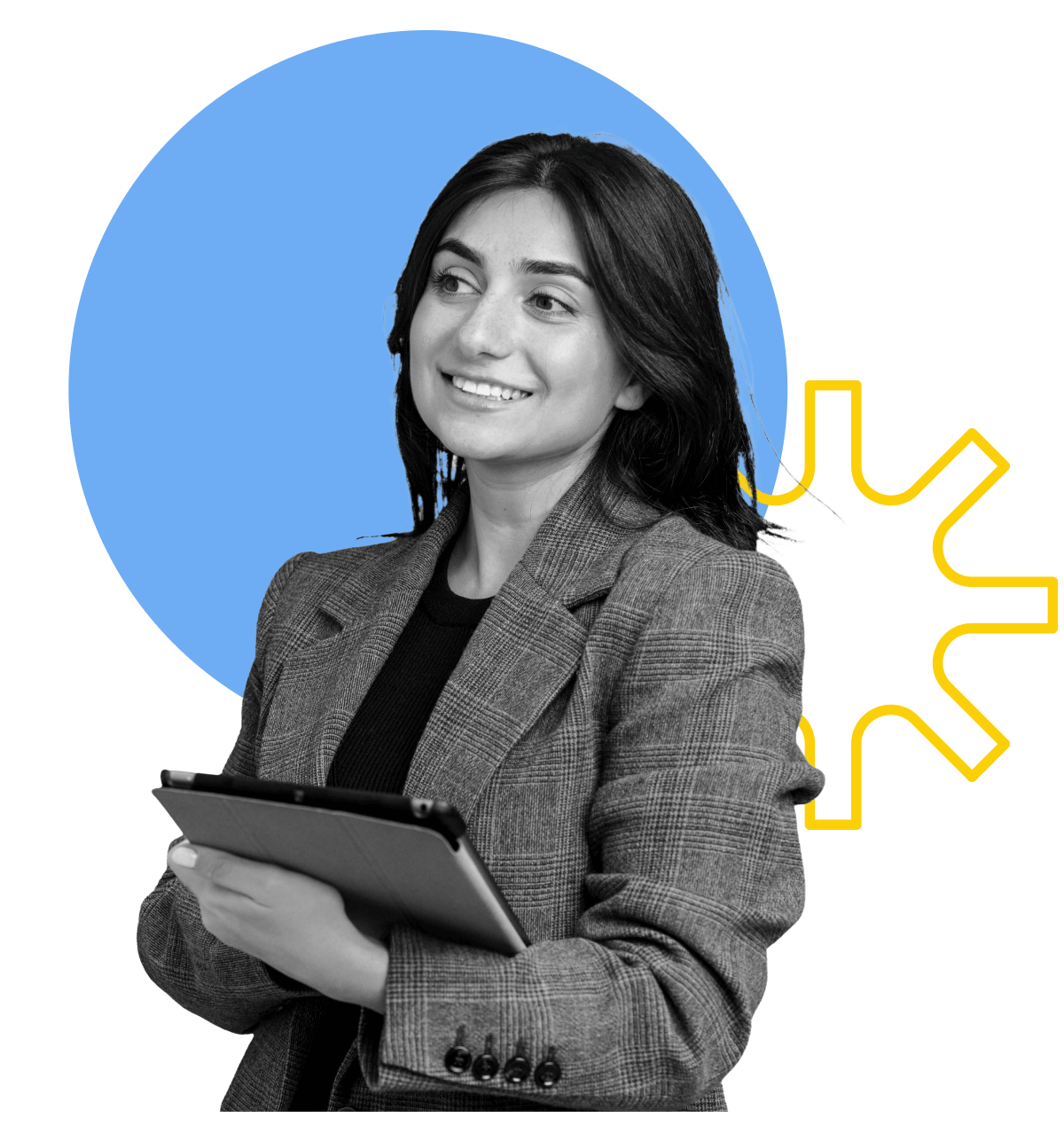 A woman in a checkered blazer smiles while holding a tablet. Behind her is a large blue circle and a yellow abstract shape. The image is in black and white, except for the colored background elements.