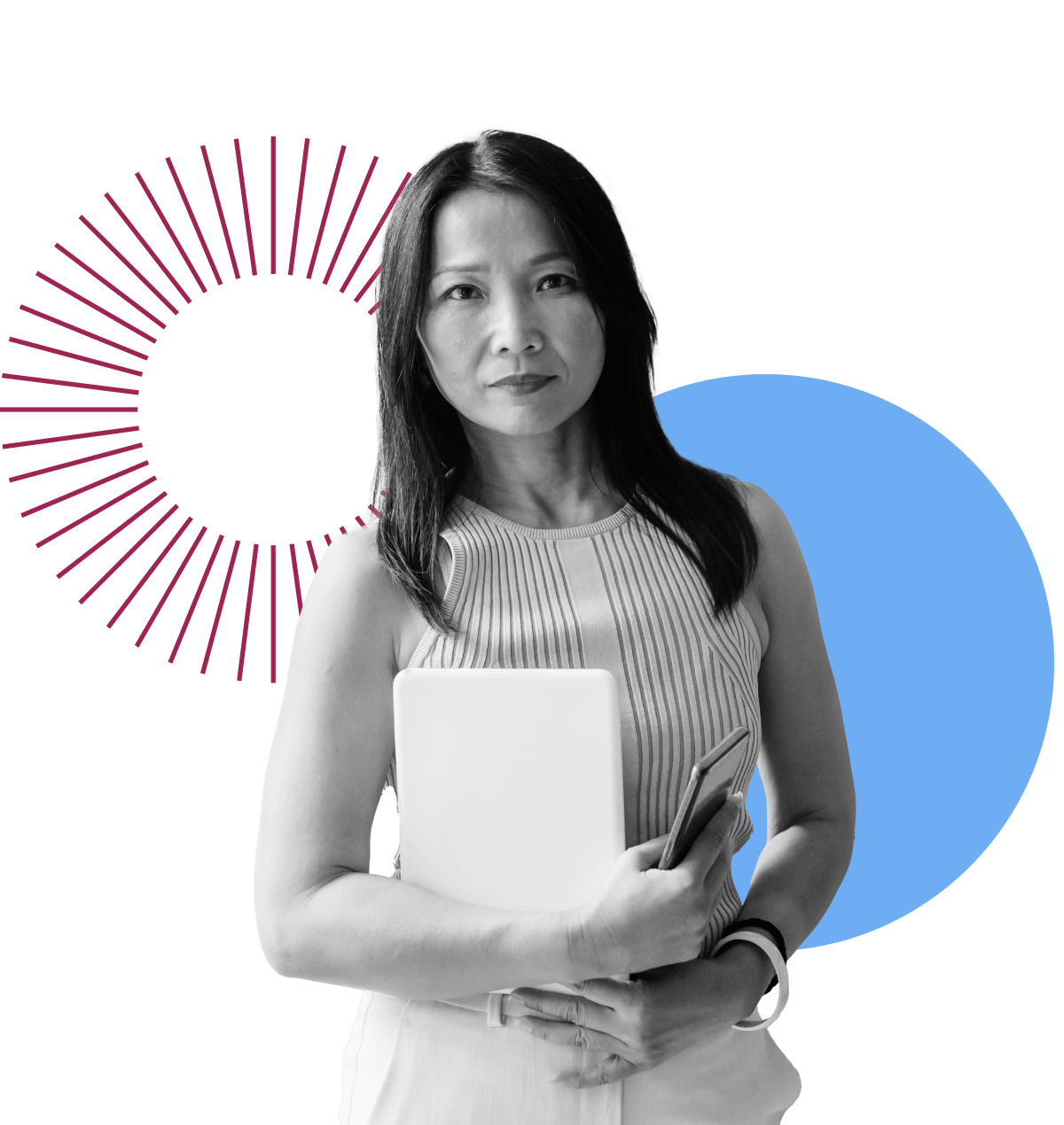 A woman holding a tablet and smartphone stands confidently. She is in grayscale, while colorful circular graphics in blue and pink appear in the background.