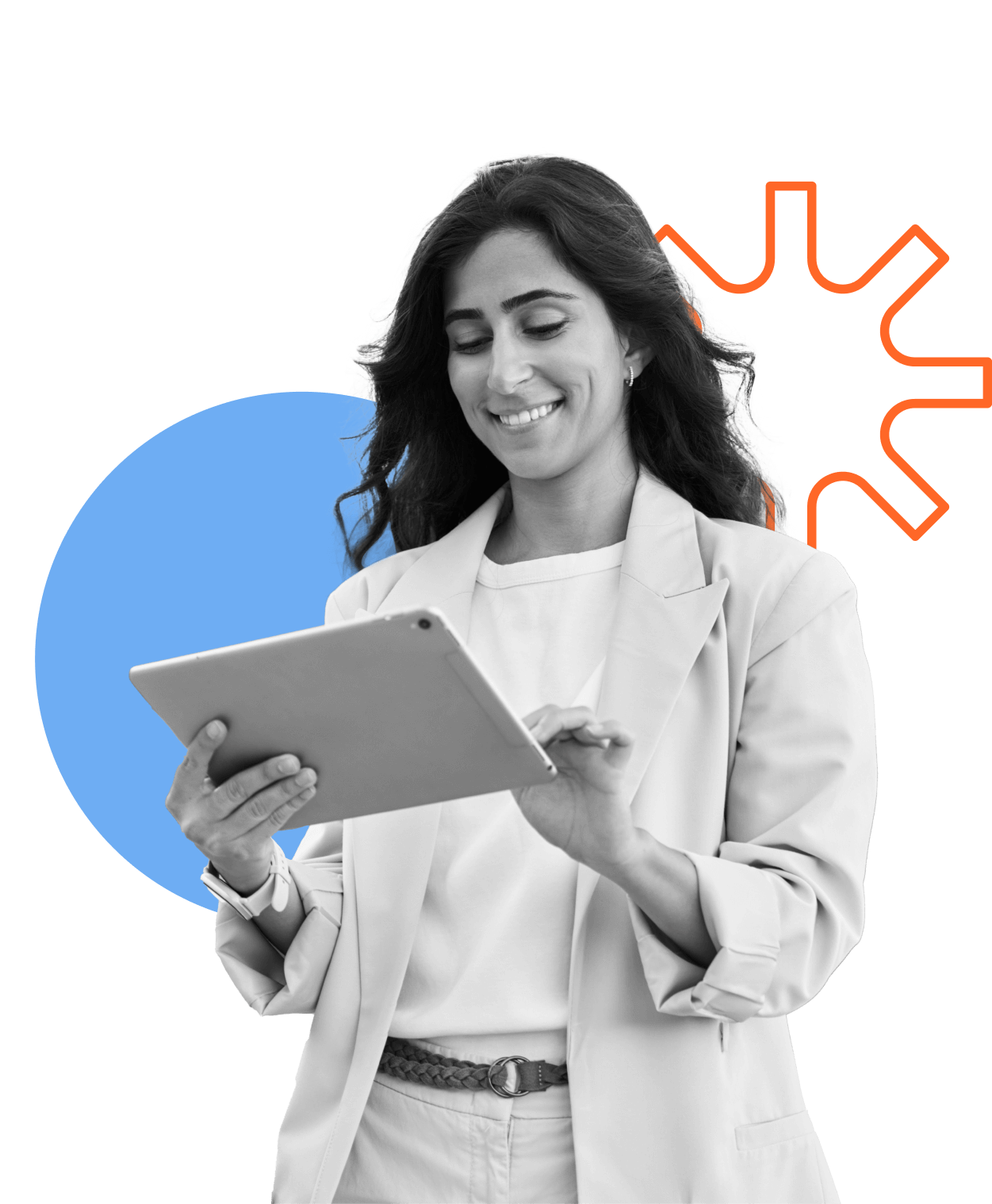 A woman in a suit smiles while using a tablet. The image background features abstract shapes in blue and orange.