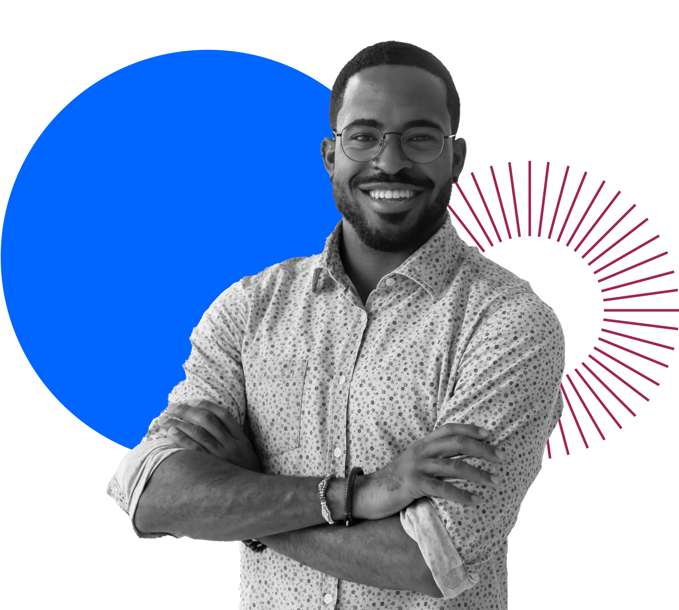 A person with glasses smiles while standing with arms crossed. They wear a patterned shirt and wristbands. The background features a blue circle and a design with pink radial lines.