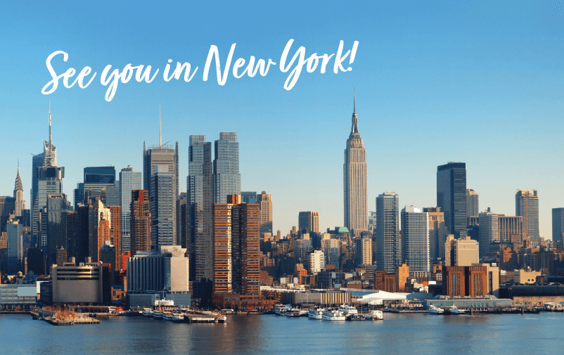 A sunny view of the New York City skyline featuring the Empire State Building. The blue sky is clear, and text at the top reads, "See you in New York!.