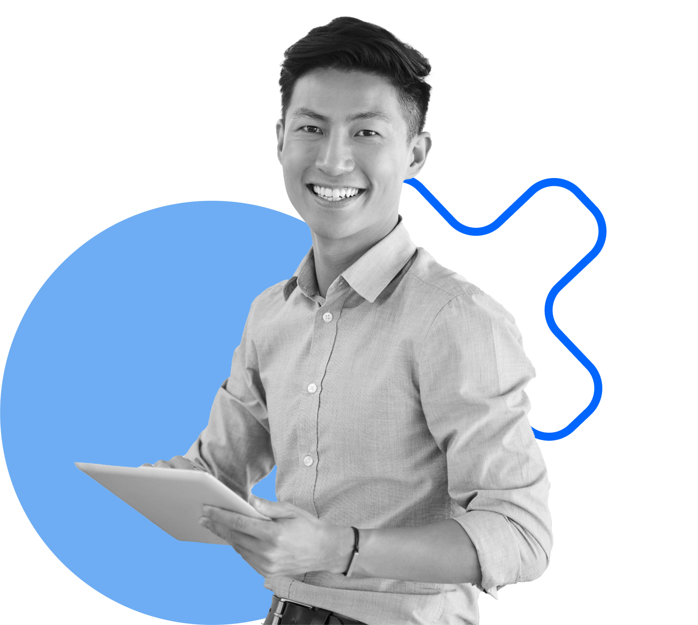 Smiling person holding a tablet, wearing a light-colored button-up shirt. The background features abstract blue shapes.