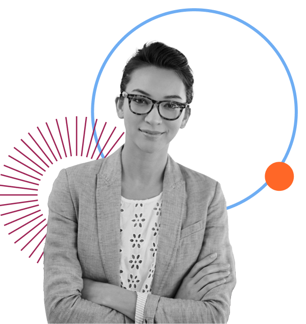 A grayscale image of a person with short hair and glasses, wearing a blazer over a patterned blouse. They are smiling with arms crossed. The background features abstract, colorful geometric designs with circles and lines.