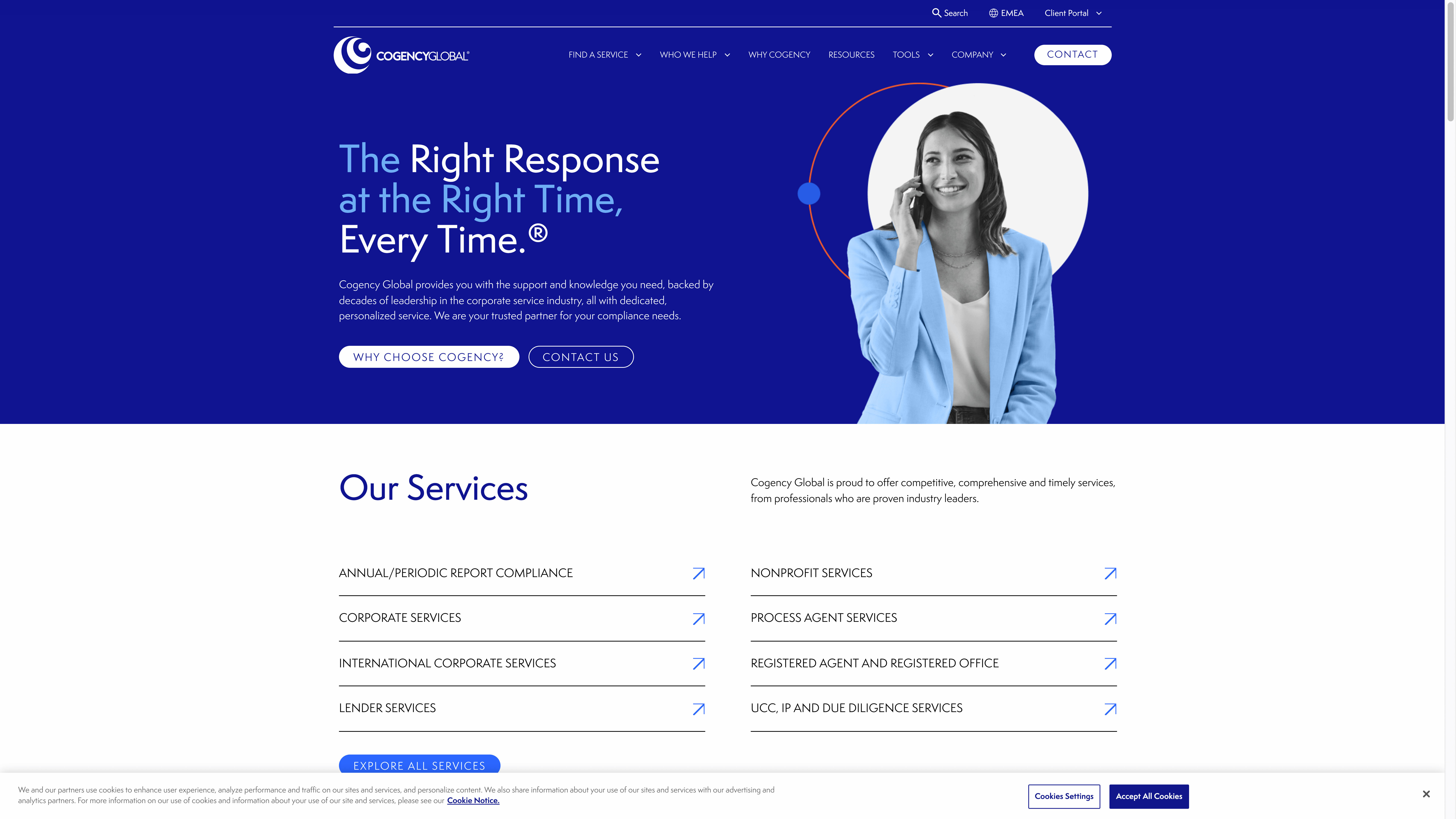A website homepage featuring a blue and white design. It highlights a company's responsive services with a smiling person and features like compliance and corporate services. Navigation links and contact options are at the top.