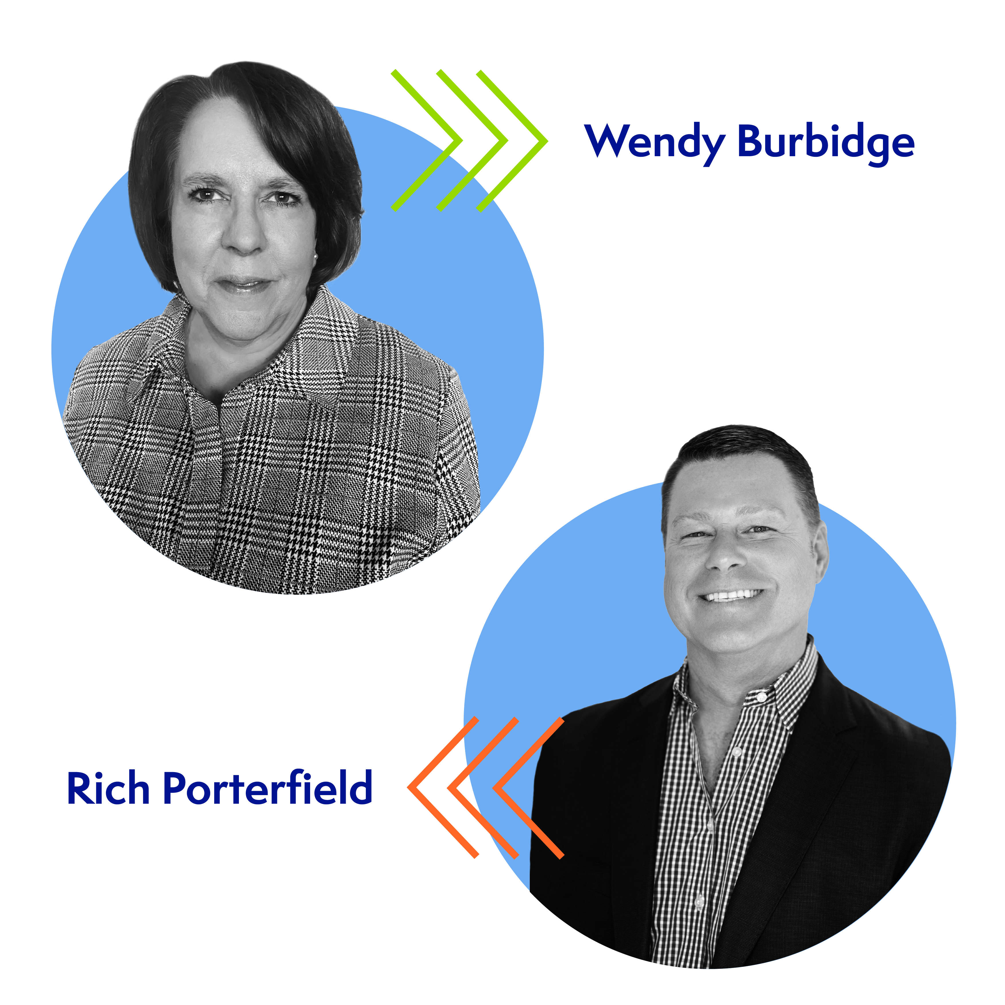 A woman and a man are featured in two separate circular frames on a white background. The woman's circle is above with the name "Wendy Burbidge" in blue text. The man's circle is below with the name "Rich Porterfield" in blue text. Arrows point between them.