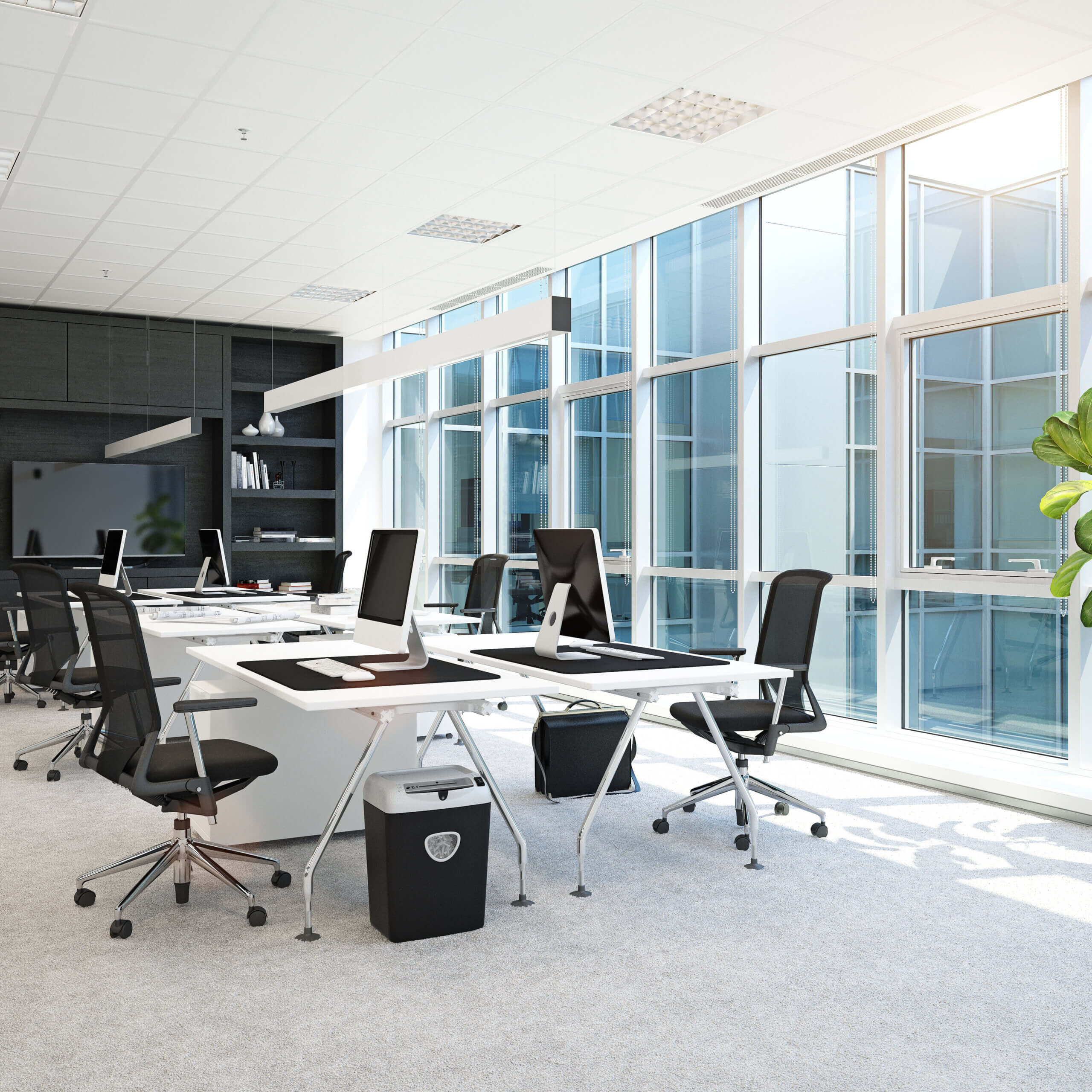 Modern office with large windows, white desks in clusters, black chairs, desktop computers, and a potted plant. Sunlight fills the room, creating a bright, airy workspace with minimalistic decor.