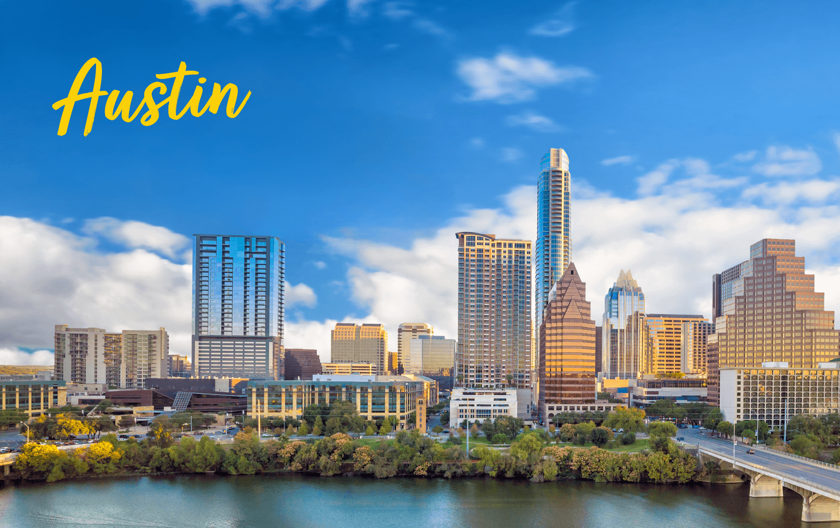 Austin city skyline with modern skyscrapers and high-rise buildings under a bright blue sky, seen from across the river; "Austin" is written in yellow script in the upper left corner, perfect for your next PEO Conference backdrop.