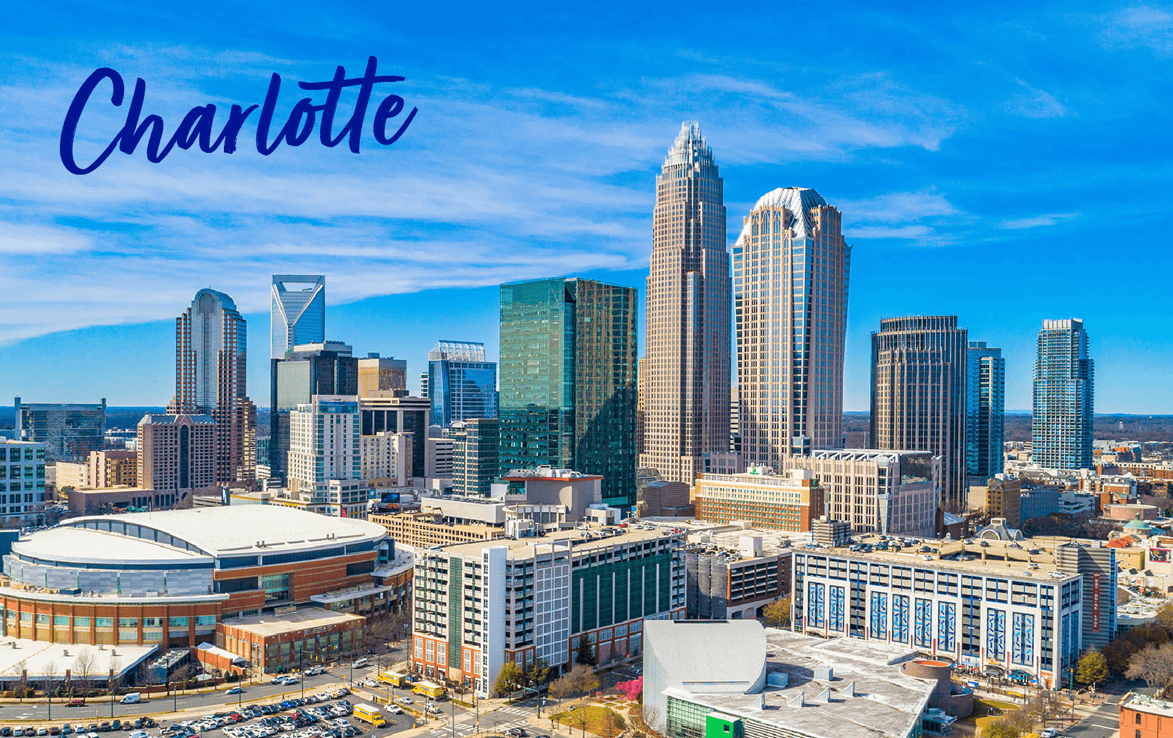 Aerial view of the Charlotte, North Carolina skyline with modern skyscrapers under a blue sky; “Charlotte” is written in cursive at the top left, capturing the city’s vibrant spirit—perfect for hosting a Legal week Conference.