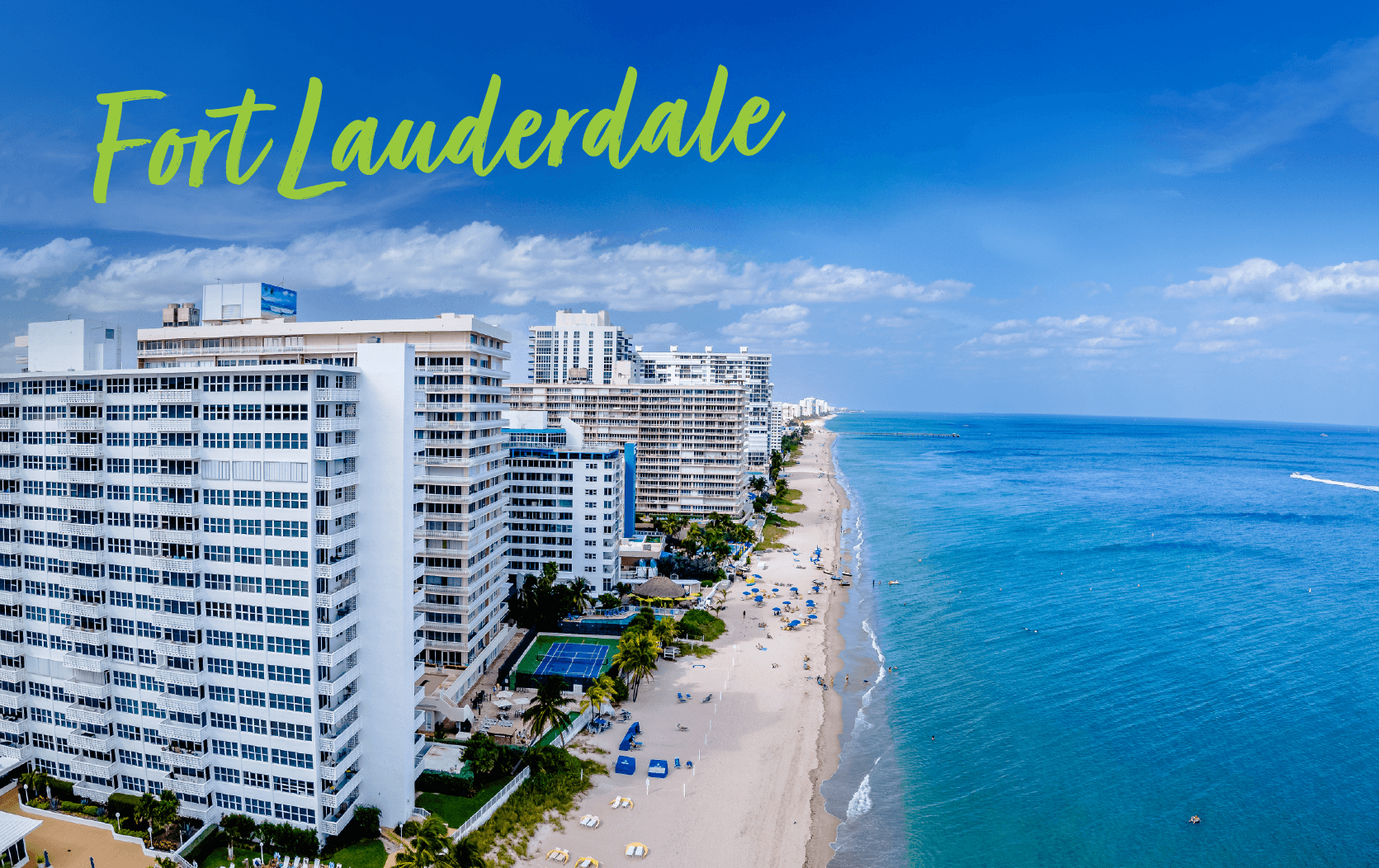 Aerial view of Fort Lauderdale beachfront with high-rise buildings on the left and a sandy beach with umbrellas along the blue ocean. "Fort Lauderdale" and "SBA CONFERENCE 2025" are written in bold text at the top left.