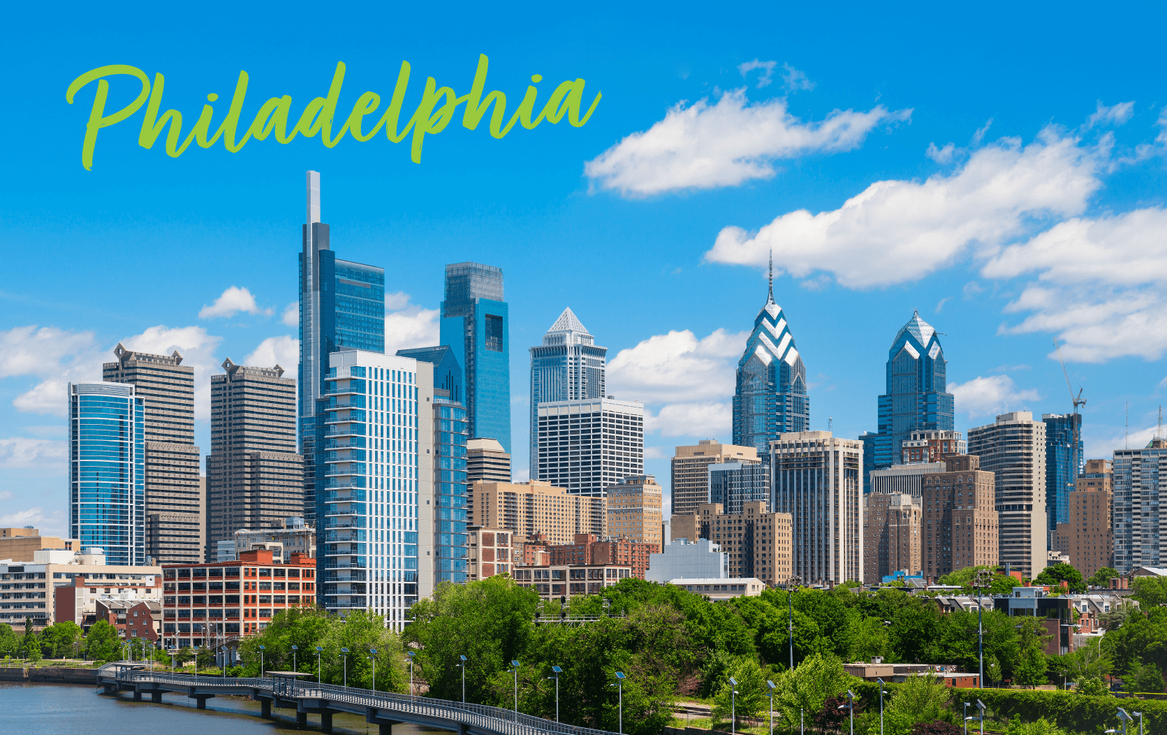 Philadelphia city skyline with modern skyscrapers, historic buildings, and lush green trees under a bright blue sky with scattered clouds; “Philadelphia” in stylish yellow script at the top left—an ideal spot for a 2025 legal conference.