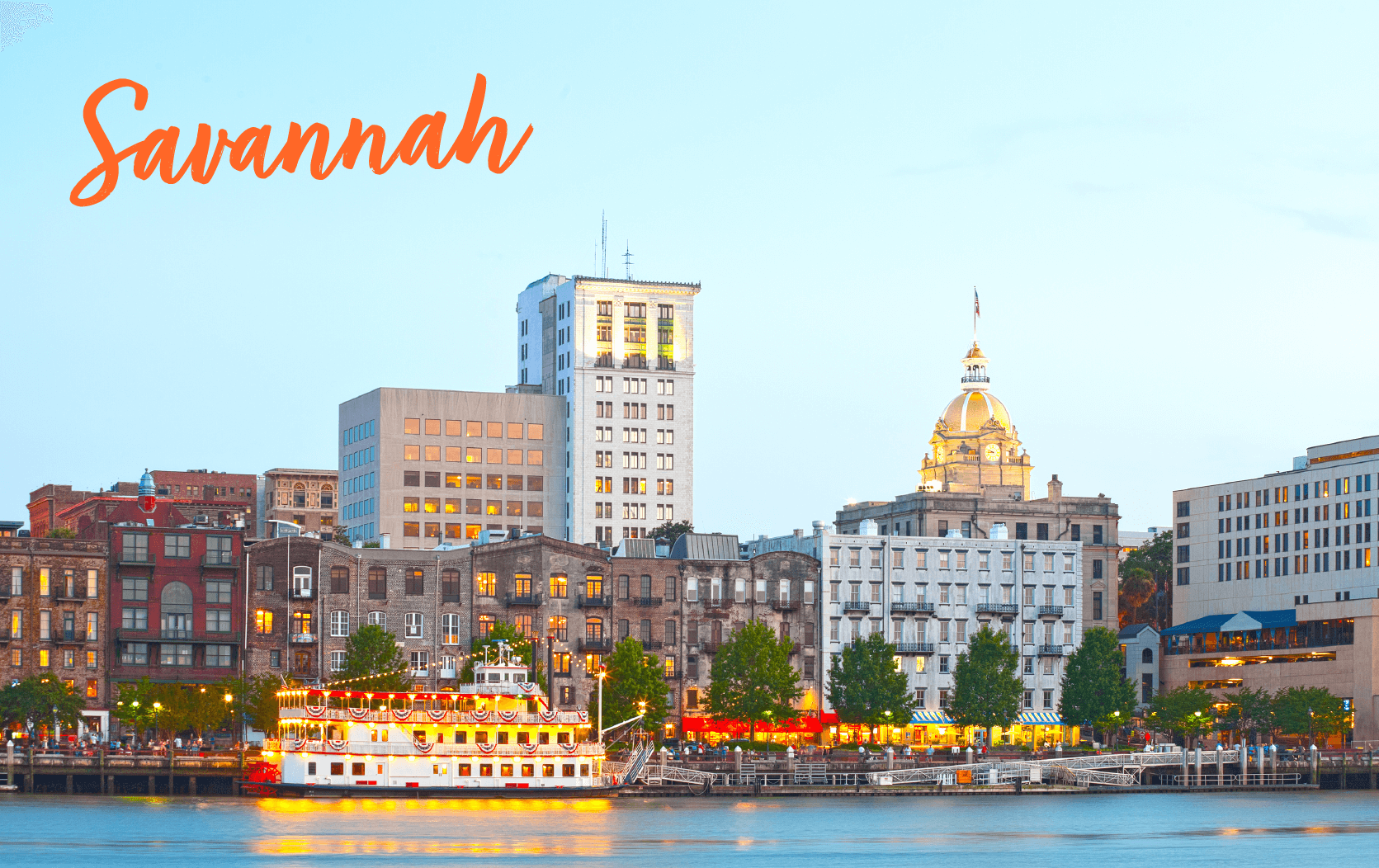 A riverboat with bright lights floats on a river in front of historic downtown Savannah, Georgia, during the Legal Week Conference. Tall buildings and the gold-domed Savannah City Hall are visible, with “Savannah” written in orange script.