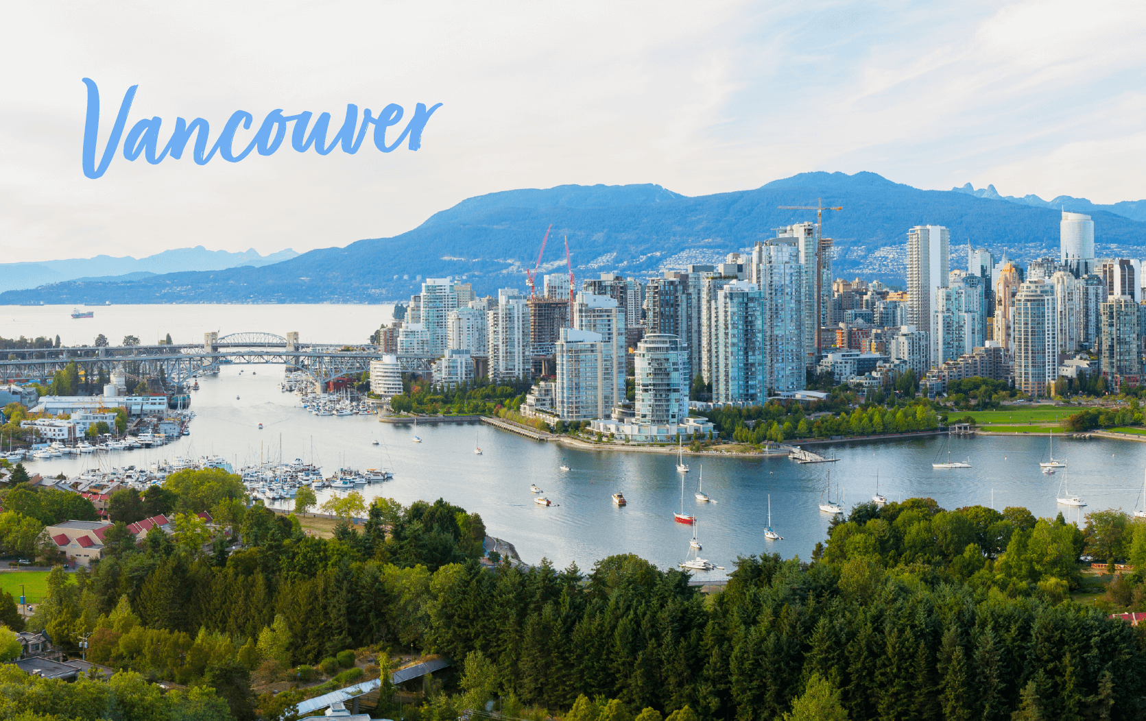Aerial view of Vancouver’s skyline with tall buildings, a marina with boats, green parks, and mountains in the background. The word “Vancouver” is written in blue in the sky area, highlighting the city as a hub for legal conferences 2025.