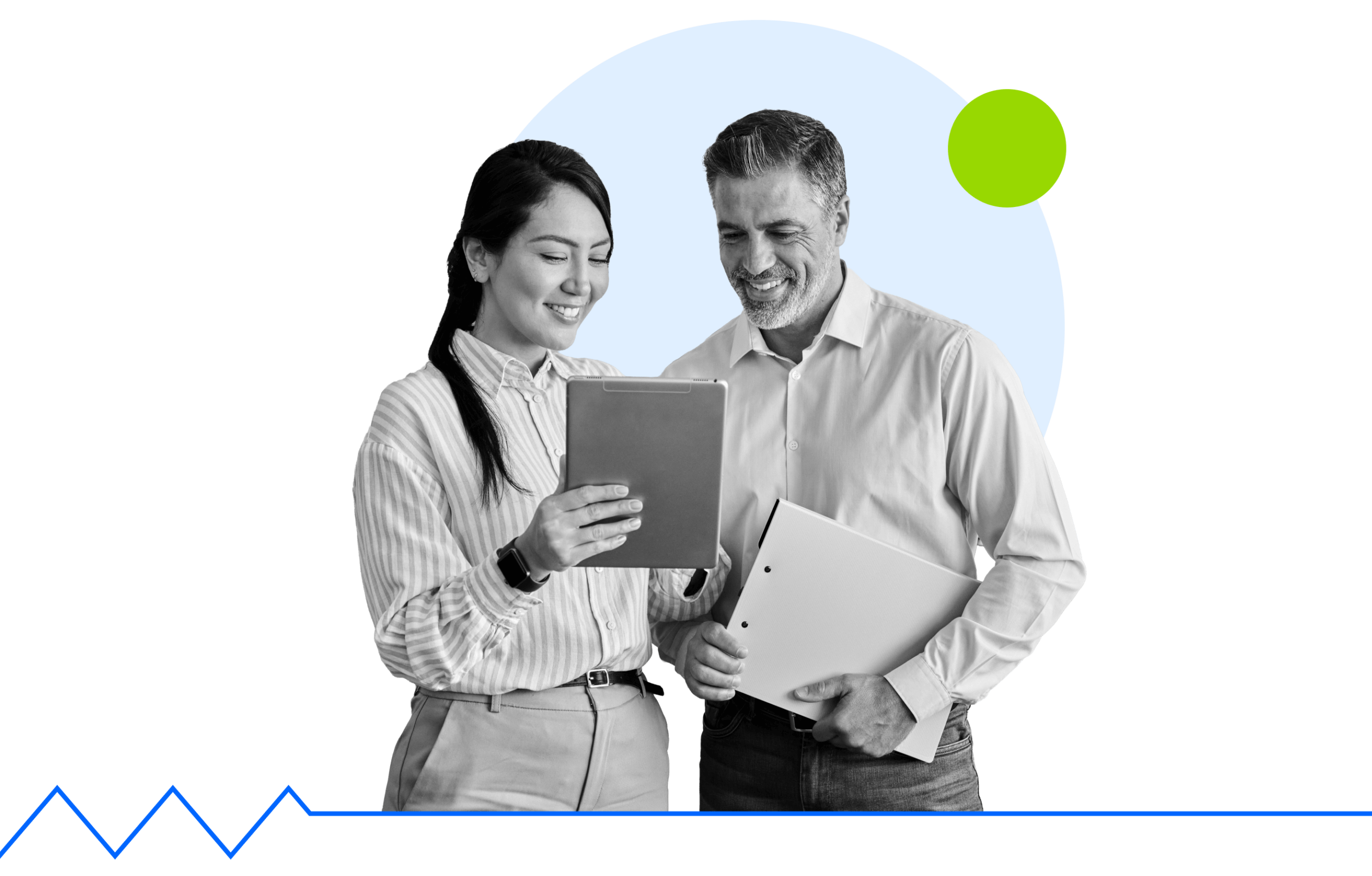 Two people, a woman and a man, stand smiling and looking at a tablet together. The man holds folders. The background features a blue circle and a green dot with a simple blue line graph at the bottom.